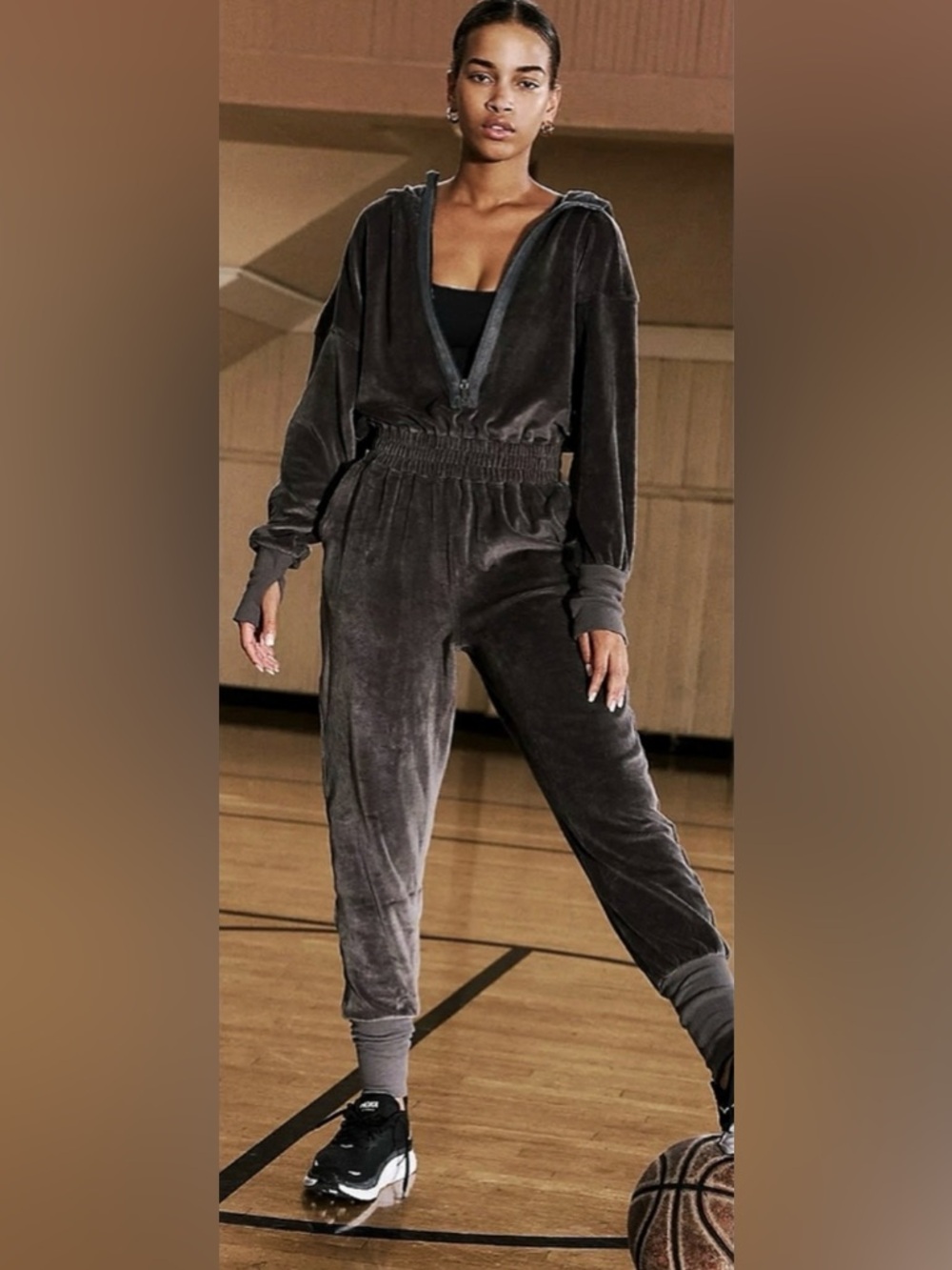 New FP Movement by Free People Training Day Velour Jumpsuit ~ Charcoal Gray - Picture 2 of 14
